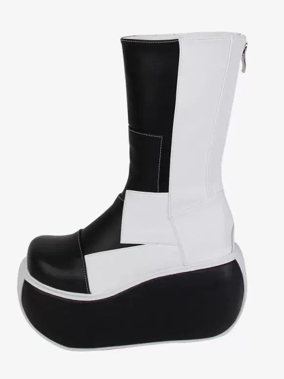 Gothic Lolita Boots Black Patchwork Round Toe PU Leather Lolita Footwear