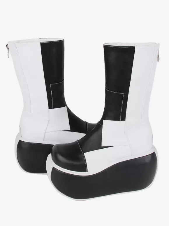 Gothic Lolita Boots Black Patchwork Round Toe PU Leather Lolita Footwear
