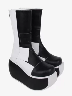 Gothic Lolita Boots Black Patchwork Round Toe PU Leather Lolita Footwear