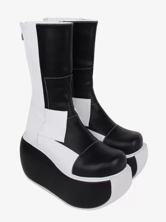 Gothic Lolita Boots Black Patchwork Round Toe PU Leather Lolita Footwear