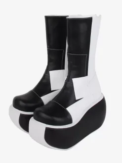 Gothic Lolita Boots Black Patchwork Round Toe PU Leather Lolita Footwear