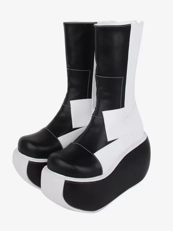 Gothic Lolita Boots Black Patchwork Round Toe PU Leather Lolita Footwear