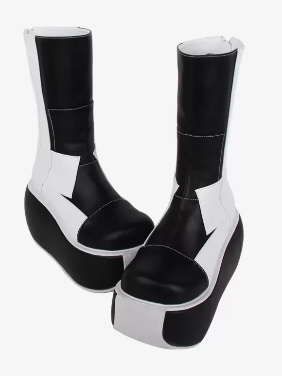 Gothic Lolita Boots Black Patchwork Round Toe PU Leather Lolita Footwear