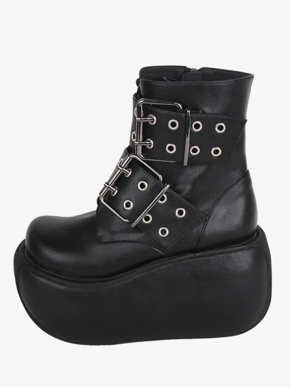 Gothic Lolita Boots Black PU Round Toe PU Leather Lolita Footwear