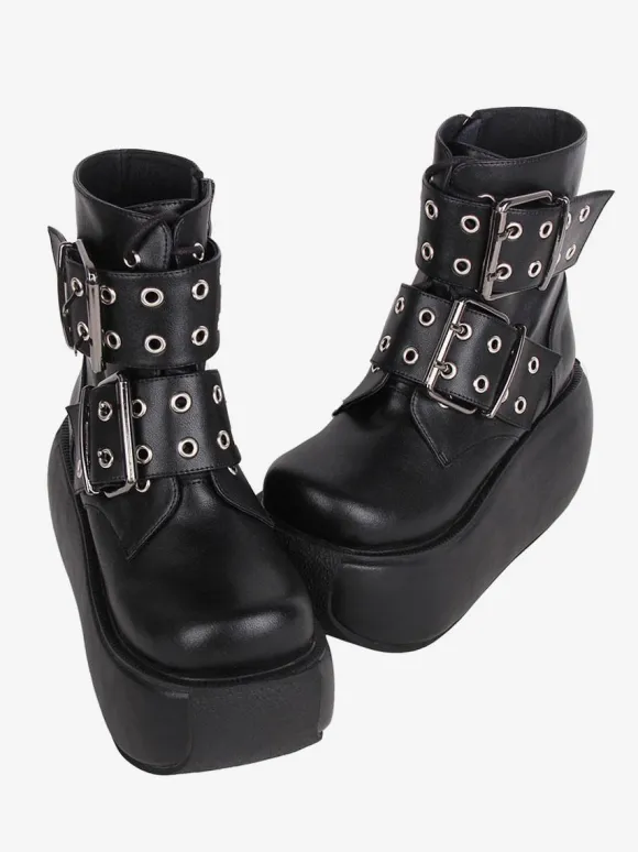 Gothic Lolita Boots Black PU Round Toe PU Leather Lolita Footwear