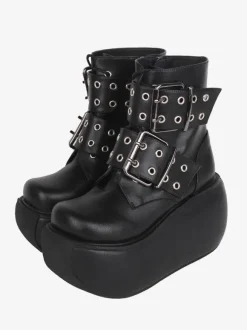 Gothic Lolita Boots Black PU Round Toe PU Leather Lolita Footwear