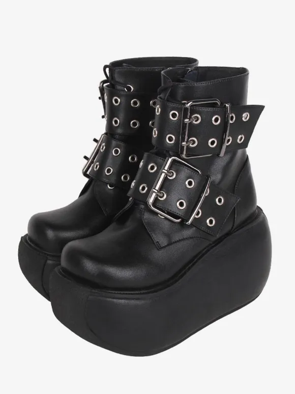 Gothic Lolita Boots Black PU Round Toe PU Leather Lolita Footwear