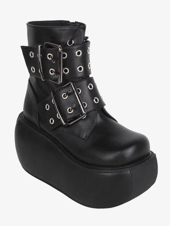 Gothic Lolita Boots Black PU Round Toe PU Leather Lolita Footwear