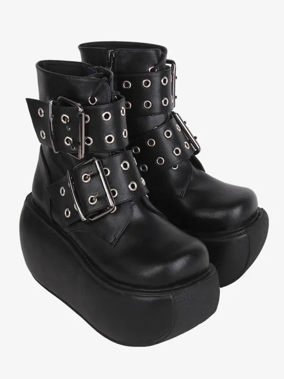 Gothic Lolita Boots Black PU Round Toe PU Leather Lolita Footwear