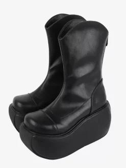 Gothic Lolita Boots Black PU Round Toe PU Leather Lolita Footwear