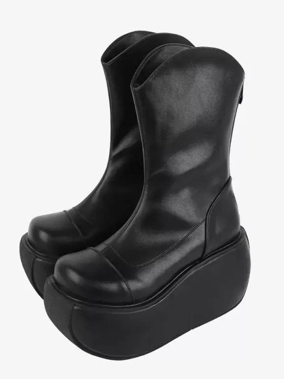 Gothic Lolita Boots Black PU Round Toe PU Leather Lolita Footwear