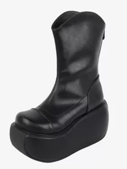 Gothic Lolita Boots Black PU Round Toe PU Leather Lolita Footwear