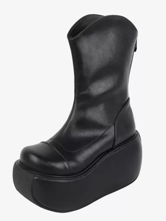 Gothic Lolita Boots Black PU Round Toe PU Leather Lolita Footwear