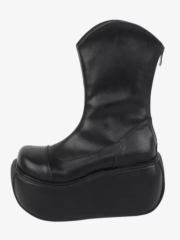 Gothic Lolita Boots Black PU Round Toe PU Leather Lolita Footwear