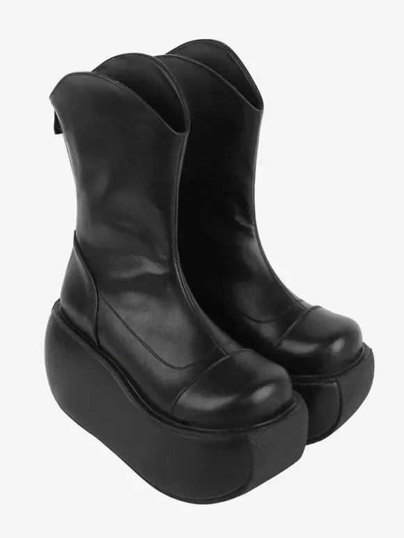 Gothic Lolita Boots Black PU Round Toe PU Leather Lolita Footwear