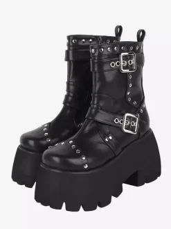 Gothic Lolita Boots Black Grommets Metallic Round Toe PU Leather Lolita Footwear