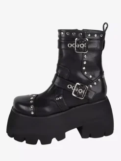 Gothic Lolita Boots Black Grommets Metallic Round Toe PU Leather Lolita Footwear