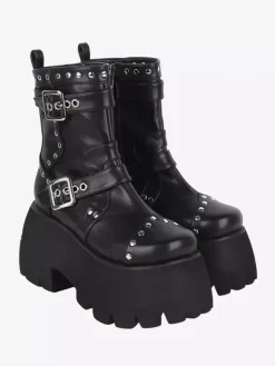 Gothic Lolita Boots Black Grommets Metallic Round Toe PU Leather Lolita Footwear