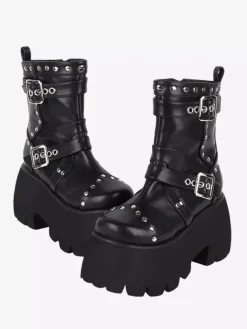 Gothic Lolita Boots Black Grommets Metallic Round Toe PU Leather Lolita Footwear