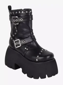 Gothic Lolita Boots Black Grommets Metallic Round Toe PU Leather Lolita Footwear