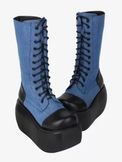 Gothic Lolita Boots Black Lace up Two-Tone Round Toe PU Leather Lolita Footwear