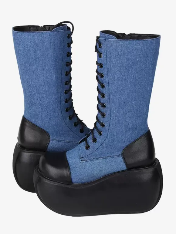 Gothic Lolita Boots Black Lace up Two-Tone Round Toe PU Leather Lolita Footwear