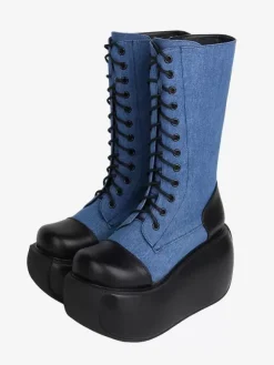 Gothic Lolita Boots Black Lace up Two-Tone Round Toe PU Leather Lolita Footwear