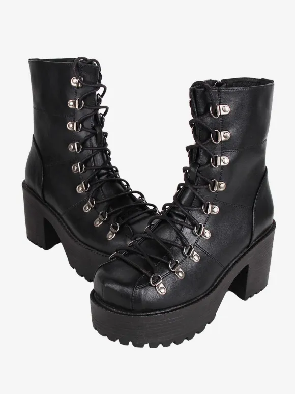 Gothic Lolita Boots Black PU Round Toe PU Leather Lolita Footwear