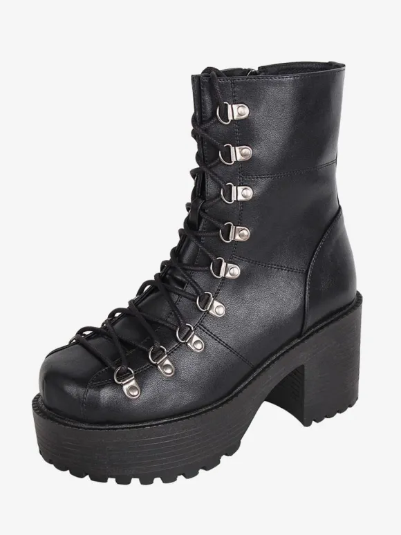 Gothic Lolita Boots Black PU Round Toe PU Leather Lolita Footwear