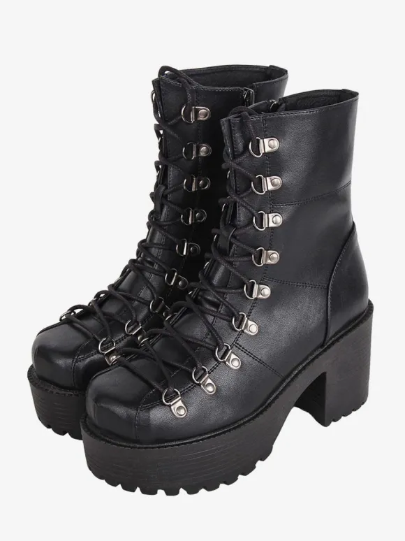 Gothic Lolita Boots Black PU Round Toe PU Leather Lolita Footwear