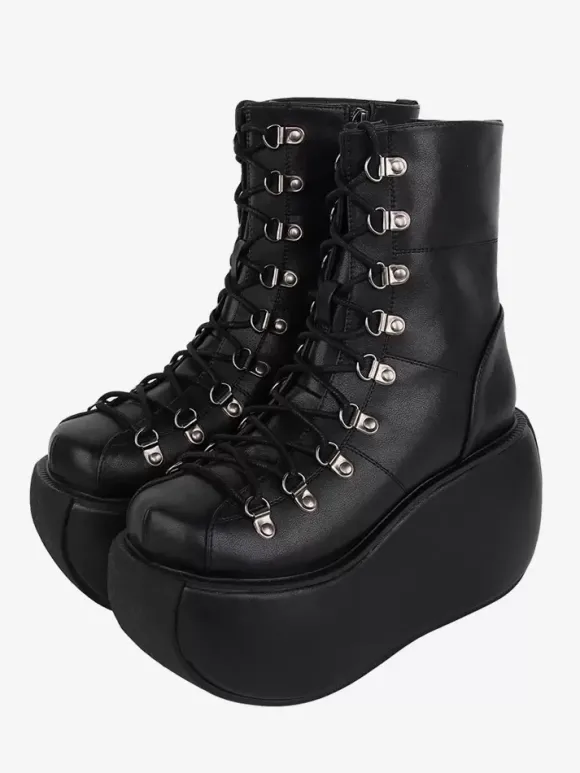 Gothic Lolita Boots Black PU Metallic Round Toe PU Leather Lolita Footwear