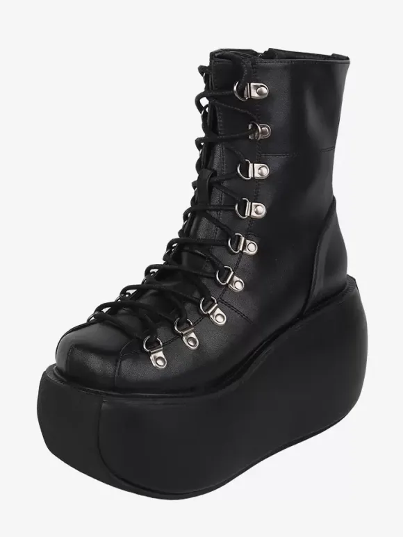Gothic Lolita Boots Black PU Metallic Round Toe PU Leather Lolita Footwear