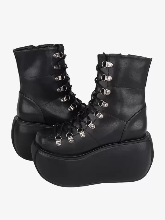 Gothic Lolita Boots Black PU Metallic Round Toe PU Leather Lolita Footwear
