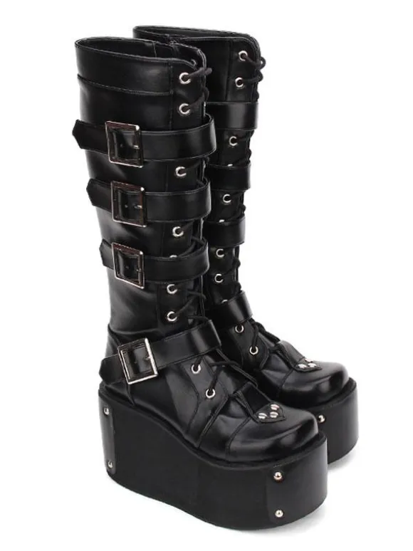 Gothic Lolita Boots Buckle Rivet Platform Black Lolita Footwear