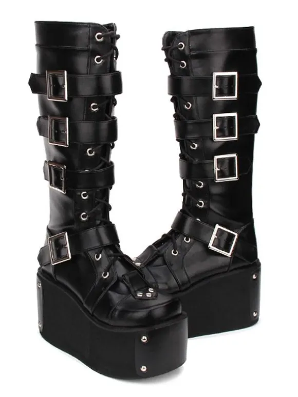 Gothic Lolita Boots Buckle Rivet Platform Black Lolita Footwear