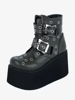 Gothic Lolita Boots Hunter Green Grommets Metallic Round Toe PU Leather Lolita Footwear