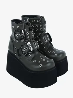 Gothic Lolita Boots Hunter Green Grommets Metallic Round Toe PU Leather Lolita Footwear