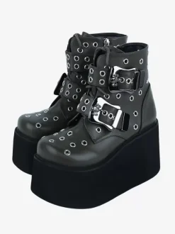 Gothic Lolita Boots Hunter Green Grommets Metallic Round Toe PU Leather Lolita Footwear