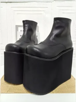 Gothic Lolita Boots Platform Black Round Toe PU Leather Ankle Length Lolita Shoes