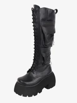 Gothic Lolita Boots PU Leather PU Round Toe Black Lolita Footwear