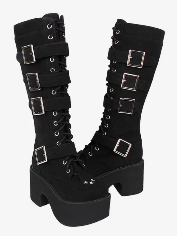 Gothic Lolita Boots PU Leather PU Round Toe Black Lolita Footwear