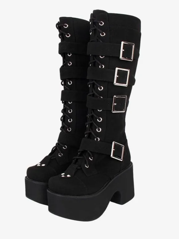 Gothic Lolita Boots PU Leather PU Round Toe Black Lolita Footwear