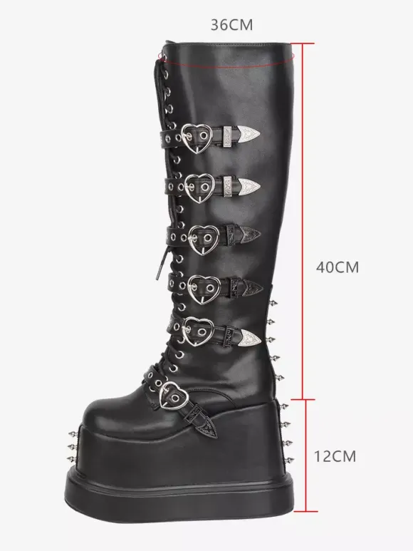 Gothic Lolita Boots PU Leather Round Toe Black Wedge Heel Lolita Shoes