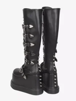 Gothic Lolita Boots PU Leather Round Toe Black Wedge Heel Lolita Shoes