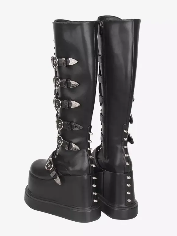 Gothic Lolita Boots PU Leather Round Toe Black Wedge Heel Lolita Shoes