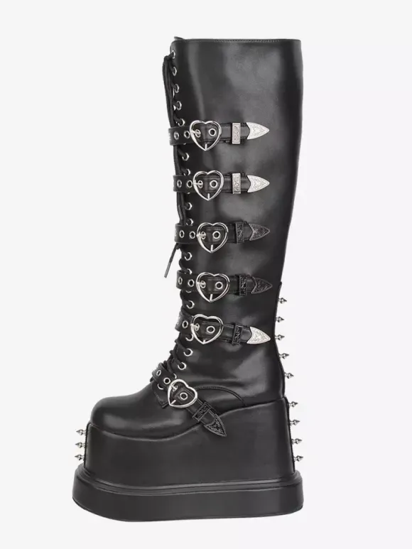 Gothic Lolita Boots PU Leather Round Toe Black Wedge Heel Lolita Shoes