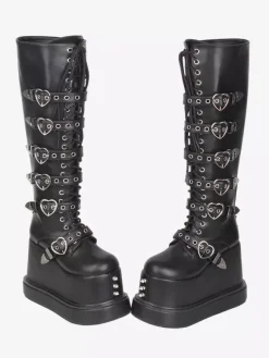 Gothic Lolita Boots PU Leather Round Toe Black Wedge Heel Lolita Shoes