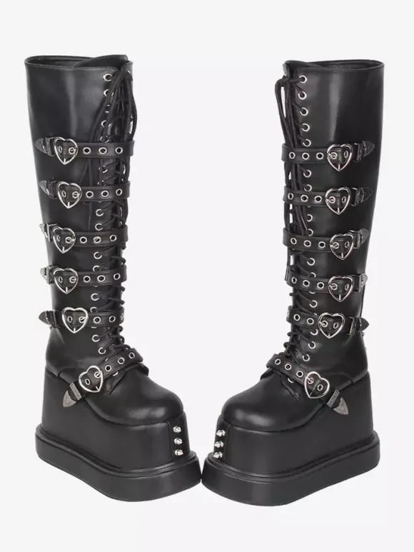 Gothic Lolita Boots PU Leather Round Toe Black Wedge Heel Lolita Shoes