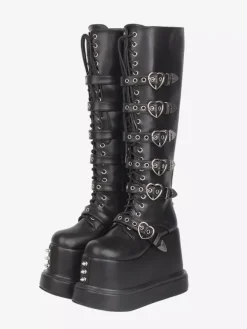 Gothic Lolita Boots PU Leather Round Toe Black Wedge Heel Lolita Shoes