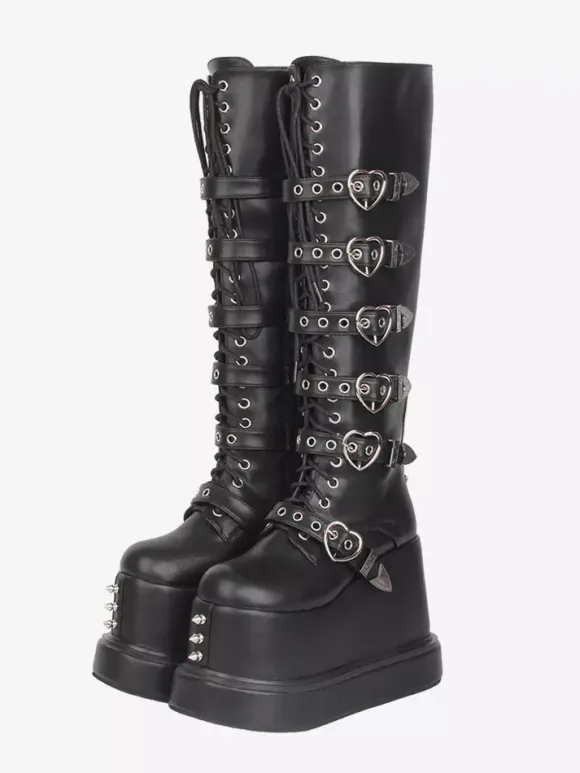 Gothic Lolita Boots PU Leather Round Toe Black Wedge Heel Lolita Shoes